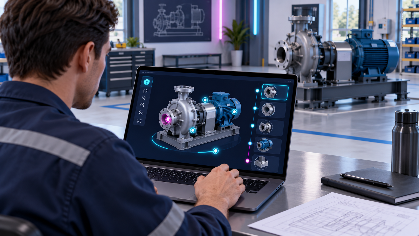 Technical learner inspecting an interactive 3D pump model on a laptop beside the real equipment