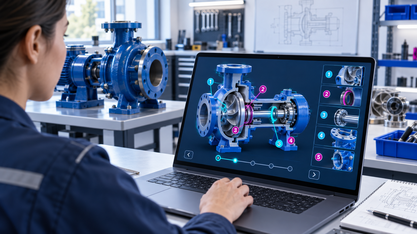 Learner inspecting an exploded cutaway pump model with numbered hotspots in a browser