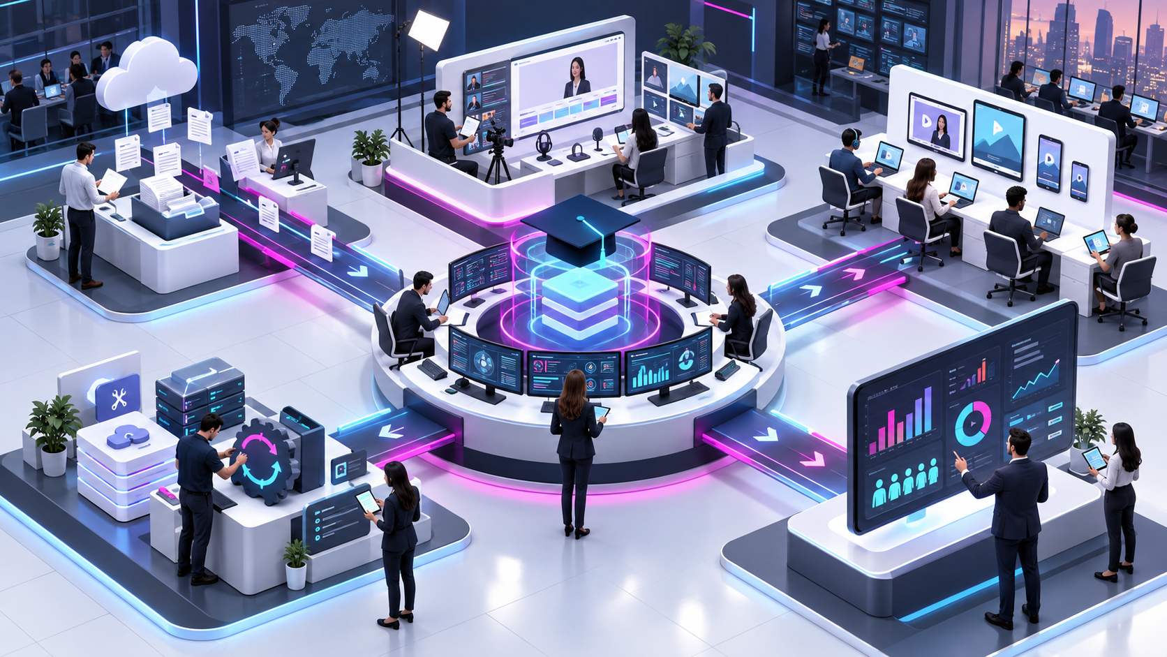Managed training operations hub connecting intake production delivery reporting and maintenance