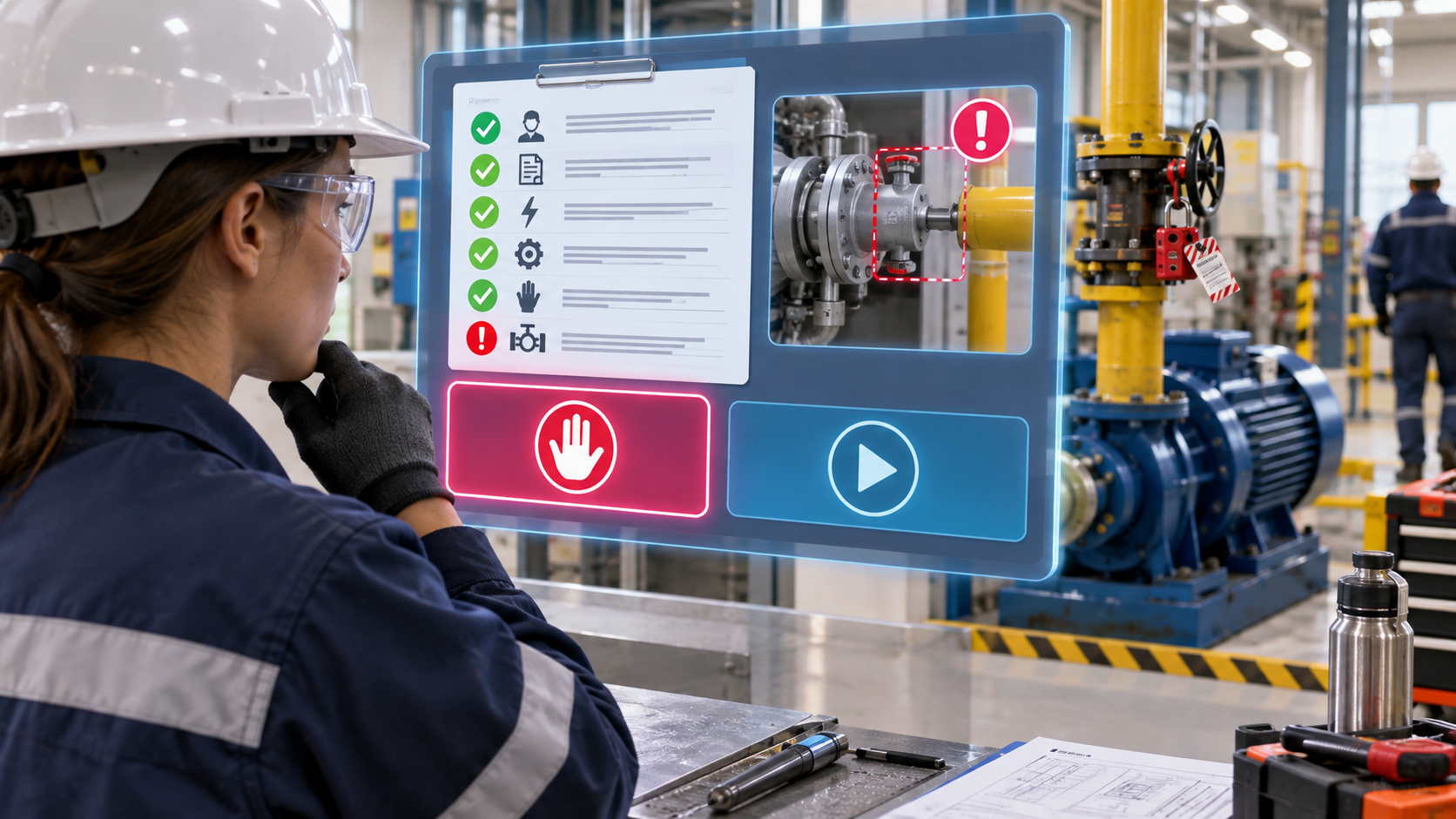 Industrial learner identifying a missing isolation control in a permit-to-work decision simulation